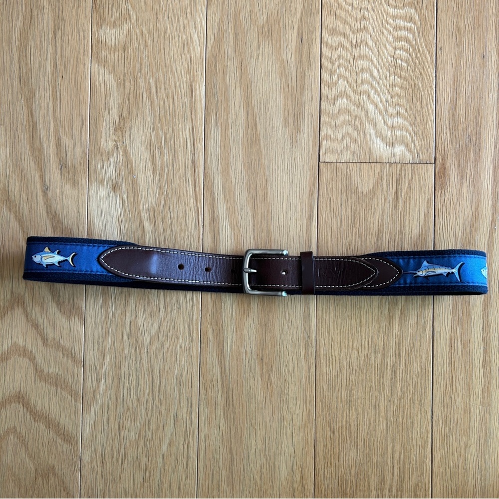 Vineyard Vines Blue Brown Fish Swordfish Leather & Fabric Belt Nautical Preppy